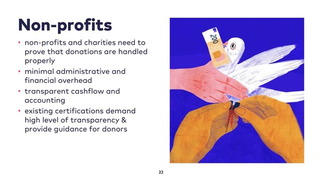 Non-profits
22
• non-profits and charities need to
prove that donations are handled
properly
• minimal administrative and
financial overhead
• transparent cashflow and
accounting
• existing certifications demand
high level of transparency &
provide guidance for donors
