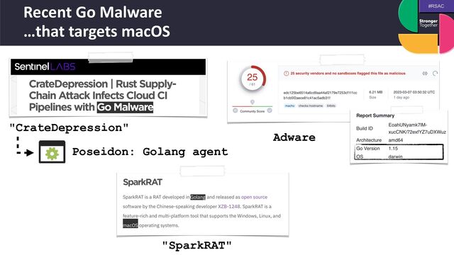 #RSAC
Recent Go Malware
 
…that targets macOS
"CrateDepression"
Poseidon: Golang agent
Adware
"SparkRAT"
