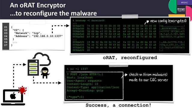 #RSAC
An oRAT Encryptor
 
...to reconfigure the malware
{
 
"C2": {
 
"Network": "tcp",
 
"Address": "192.168.0.10:1337"
 
}
 
...
 
}
01


02


03


04
 
05


06


07


% nc -l 1337
 
? POST /join HTTP/1.1


Host: localhost


User-Agent: requests


Content-Length: 10


Content-Type: application/json


Accept-Encoding: gzip


{"type":0}
% hexdump -C darwinx64
 
...
 
009da570 74 65 00 00 00 00 00 00 00 00 00 00 00 00 00 00 |te..............|
 
009da580 0c 42 55 f6 39 ba 23 a3 db 7a 4d 05 1e 89 f2 d8 |.BU?9?#??zM...??|
 
009da590 3d d4 ba e3 60 fb 46 ce e4 cc ac 42 c4 85 26 e8 |=?????`?F??
̬B?.&?|
 
009da5a0 48 02 d6 99 70 fd 19 a6 8a e9 24 bd 04 c7 6d 56 |H.?.p?.?.?$?.?mV|
 
009da5b0 b0 64 a8 28 24 cb d3 c0 14 dd cc 86 70 df 6b 63 |?d?($???.??.p?kc|
 
...
 
009da5f0 19 9b 62 6b 06 6c 73 a2 fa f3 55 1a d6 6a 48 03 |..bk.ls???U.?jH.|
 
009da600 74 ce 71 85 6f 99 69 bc ba 9f 31 2b 17 94 f2 a4 |t?q.o.i??.1+..??|
 
009da610 5d e1 0b ab 6f 6a e5 91 6f e6 c2 24 bc cb 61 a1 |]?.?oj?.o??$??a?|
 
009da620 00 |.|
oRAT, reconfigured
Success, a connection!
new config (encrypted)
check-in (from malware)
 
made to our C&C server

