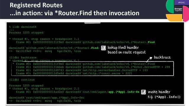 #RSAC
Registered Routes
 
...in action: via *Router.Find then invocation
% lldb darwinx64
 
...


Process 3205 stopped


* thread #1, stop reason = breakpoint 1.1


frame #0: 0x000000000131f9e0 darwinx64`github.com/labstack/echo/v4.(*Router).Find
 
darwinx64`github.com/labstack/echo/v4.(*Router).Find:


-> 0x131f9e0 <+0>: movq %gs:0x30, %rcx


(lldb) backtrace


* thread #1, stop reason = breakpoint 6.1


* frame #0: 0x000000000131f9e0 darwinx64`github.com/labstack/echo/v4.(*Router).Find


frame #1: 0x000000000131bbeb darwinx64`github.com/labstack/echo/v4.(*Echo).ServeHTTP + 299


frame #2: 0x00000000012d9743 darwinx64`net/http.serverHandler.ServeHTTP + 163


frame #3: 0x00000000012d5e8d darwinx64`net/http.(*conn).serve + 2221


(lldb) continue
 
Process 3205 stopped


* thread #1, stop reason = breakpoint 2.1


frame #0: 0x00000000014ad2e0 darwinx64`orat/cmd/agent/app.(*App).Info-fm


 
darwinx64`orat/cmd/agent/app.(*App).Info-fm:


-> 0x14ad2e0 <+0>: movq %gs:0x30, %rcx


lookup (find) handler
 
based on route request
invoke handler
 
e.g. (*App).Info()
backtrace
