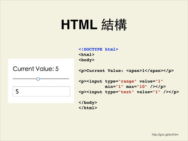 HTML 結構
!
!
!
!
<p>Current Value: <span>1</span></p>!
!
<p></p>!
<p></p>!
!
!
!
http://goo.gl/wUhIim
