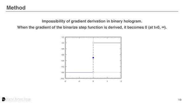19
Method
After Aberration Correction
Impossibility of gradient derivation in binary hologram.
When the gradient of the binarize step function is derived, it becomes 0 (at t=0, ∞).
