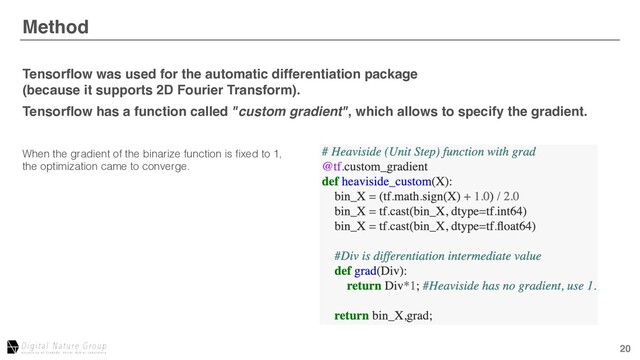 20
Method
After Aberration Correction
Tensorﬂow was used for the automatic differentiation package 
(because it supports 2D Fourier Transform).
Tensorﬂow has a function called "custom gradient", which allows to specify the gradient.
When the gradient of the binarize function is ﬁxed to 1,
the optimization came to converge.
