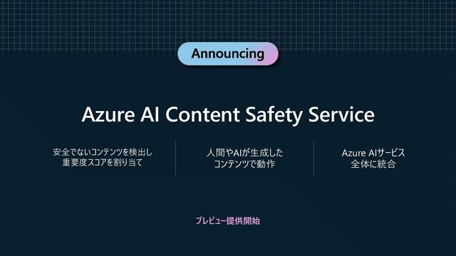 Azure AI Content Safety Service
安全でないコンテンツを検出し
重要度スコアを割り当て
人間やAIが生成した
コンテンツで動作
Azure AIサービス
全体に統合
プレビュー提供開始
