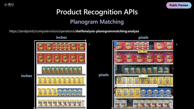 Product Recognition APIs
Planogram Matching
https://{endpoint}/computervision/operations/shelfanalysis-planogrammatching:analyze
inches
inches
*
pixels
pixels
*
小売り
