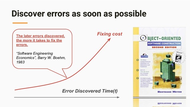 Discover errors as soon as possible
The later errors discovered,
the more it takes to fix the
errors.
“Software Engineering
Economics”, Barry W. Boehm,
1983
Error Discovered Time(t)
Fixing cost
