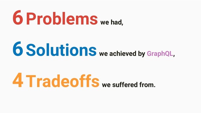6 Solutions we achieved by GraphQL,
6 Problems we had,
4 Tradeoffs we suffered from.
