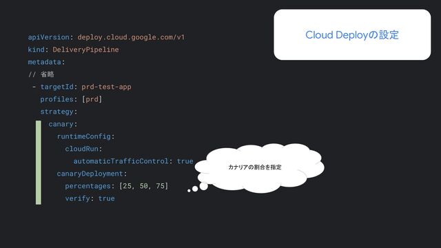 Cloud Deployの設定
apiVersion: deploy.cloud.google.com/v1
kind: DeliveryPipeline
metadata:
// 省略
- targetId: prd-test-app
profiles: [prd]
strategy:
canary:
runtimeConfig:
cloudRun:
automaticTrafficControl: true
canaryDeployment:
percentages: [25, 50, 75]
verify: true
カナリアの割合を指定

