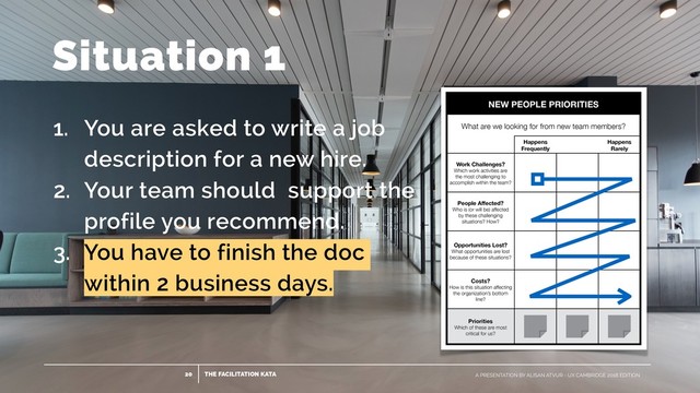 Situation 1
1. You are asked to write a job
description for a new hire.
2. Your team should support the
profile you recommend.
3. You have to finish the doc
within 2 business days.
THE FACILITATION KATA
20 A PRESENTATION BY ALISAN ATVUR - UX CAMBRIDGE 2018 EDITION
