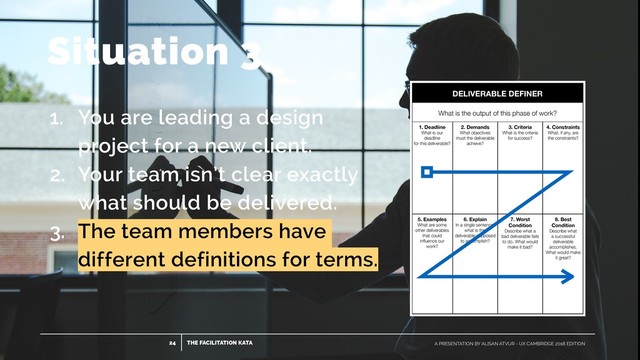 Situation 3
THE FACILITATION KATA
24 A PRESENTATION BY ALISAN ATVUR - UX CAMBRIDGE 2018 EDITION
1. You are leading a design
project for a new client.
2. Your team isn’t clear exactly
what should be delivered.
3. The team members have
different definitions for terms.
