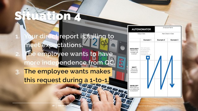 THE FACILITATION KATA
26 A PRESENTATION BY ALISAN ATVUR - UX CAMBRIDGE 2018 EDITION
Situation 4
1. Your direct report is failing to
meet expectations.
2. The employee wants to have
more independence from QC.
3. The employee wants makes
this request during a 1-to-1.

