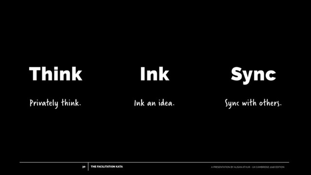 THE FACILITATION KATA
30 A PRESENTATION BY ALISAN ATVUR - UX CAMBRIDGE 2018 EDITION
Think
Privately think.
Ink
Ink an idea.
Sync
Sync with others.
