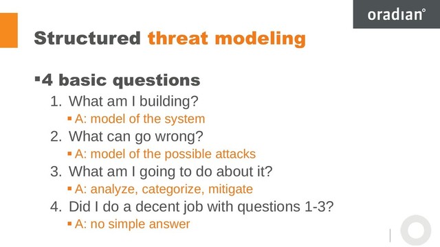 Structured threat modeling
4 basic questions
1. What am I building?
 A: model of the system
2. What can go wrong?
 A: model of the possible attacks
3. What am I going to do about it?
 A: analyze, categorize, mitigate
4. Did I do a decent job with questions 1-3?
 A: no simple answer
