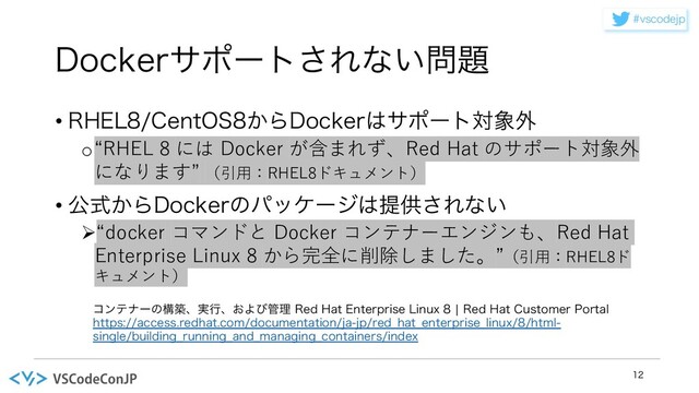 WTDPEFKQ
%PDLFSαϙʔτ͞Εͳ͍໰୊
• 3)&-$FOU04͔Β%PDLFS͸αϙʔτର৅֎
o“RHEL 8 には Docker が含まれず、Red Hat のサポート対象外
になります” （引⽤：RHEL8ドキュメント）
• ެ͔ࣜΒ%PDLFSͷύοέʔδ͸ఏڙ͞Εͳ͍
Ø“docker コマンドと Docker コンテナーエンジンも、Red Hat
Enterprise Linux 8 から完全に削除しました。”（引⽤：RHEL8ド
キュメント）

ίϯςφʔͷߏஙɺ࣮ߦɺ͓Αͼ؅ཧ 3FE )BU&OUFSQSJTF -JOVYc3FE)BU$VTUPNFS1PSUBM
IUUQTBDDFTTSFEIBUDPNEPDVNFOUBUJPOKBKQSFE@IBU@FOUFSQSJTF@MJOVYIUNM
TJOHMFCVJMEJOH@SVOOJOH@BOE@NBOBHJOH@DPOUBJOFSTJOEFY
