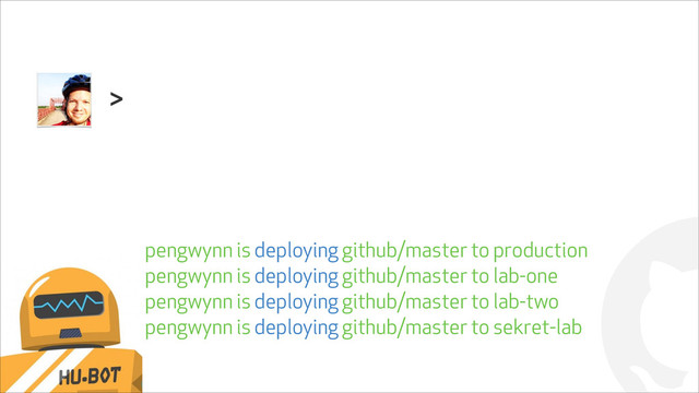 !
>
pengwynn is deploying github/master to production
pengwynn is deploying github/master to lab-one
pengwynn is deploying github/master to lab-two
pengwynn is deploying github/master to sekret-lab
