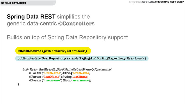 GITHUB.COM/JOSHLONG/THE-SPRING-REST-STACK
SPRING DATA REST
Spring Data REST simplifies the  
generic data-centric @Controllers
!
Builds on top of Spring Data Repository support:
@RestResource (path = "users", rel = "users")
 
public interface UserRepository extends PagingAndSortingRepository {
!
List ﬁndUsersByFirstNameOrLastNameOrUsername( 
@Param ("ﬁrstName") String ﬁrstName,  
@Param ("lastName") String lastName,  
@Param ("username") String username);
}
