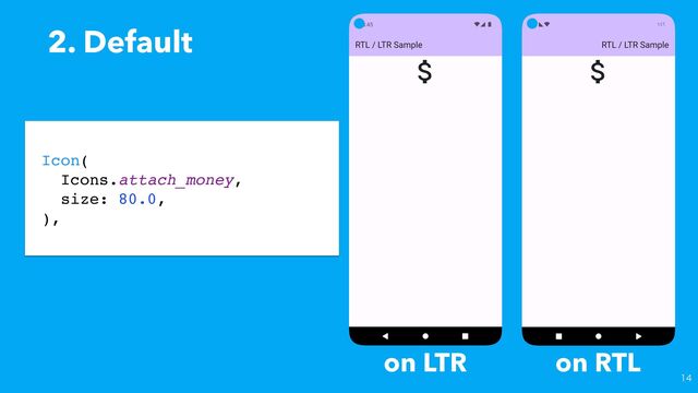 2. Default

Icon(
Icons.attach_money,
size: 80.0,
),
on LTR on RTL
