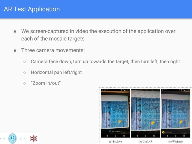 AR Test Application
● We screen-captured in video the execution of the application over
each of the mosaic targets
● Three camera movements:
○ Camera face down, turn up towards the target, then turn left, then right
○ Horizontal pan left/right
○ “Zoom in/out”
