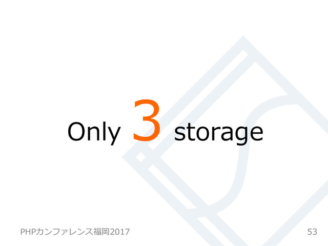 Only
3 storage
53
PHPカンファレンス福岡2017
