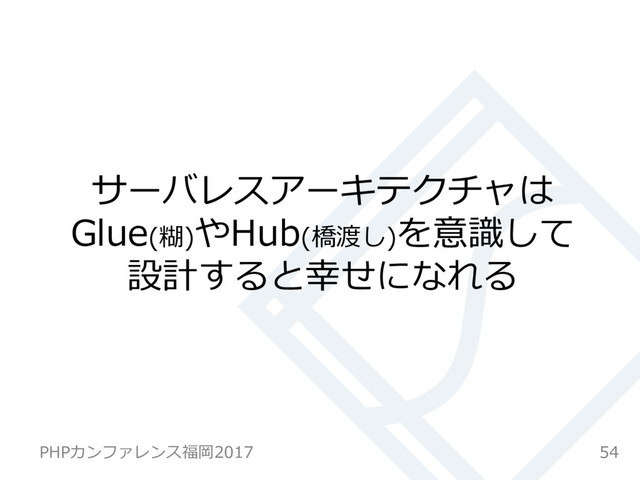 サーバレスアーキテクチャは
Glue(糊)やHub(橋渡し)を意識して
設計すると幸せになれる
54
PHPカンファレンス福岡2017
