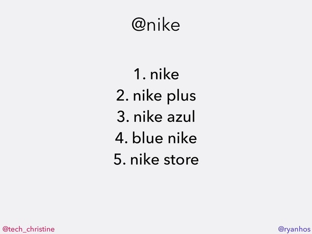 @tech_christine @ryanhos
@nike
1. nike
2. nike plus
3. nike azul
4. blue nike
5. nike store
