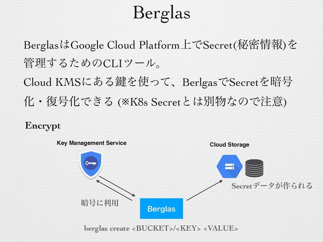 Berglas
Berglas͸Google Cloud Platform্ͰSecret(ൿີ৘ใ)Λ
؅ཧ͢ΔͨΊͷCLIπʔϧɻ
Cloud KMSʹ͋Δ伴Λ࢖ͬͯɺBerlgasͰSecretΛ҉߸
Խɾ෮߸ԽͰ͖Δ (※K8s Secretͱ͸ผ෺ͳͷͰ஫ҙ)
Key Management Service Cloud Storage
#FSHMBT
҉߸ʹར༻
Secretσʔλ͕࡞ΒΕΔ
berglas create / 
Encrypt

