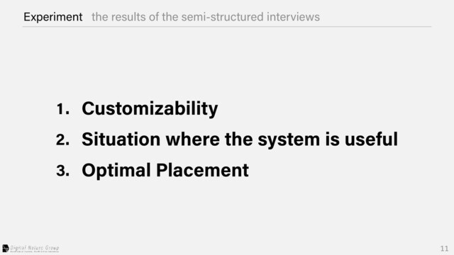 Experiment the results of the semi-structured interviews
Customizability
Situation where the system is useful
Optimal Placement
1.
2.
3.
11
