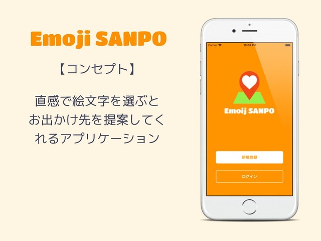 Emoji SANPO
【コンセプト】
直感で絵文字を選ぶと 
お出かけ先を提案してく
れるアプリケーション
