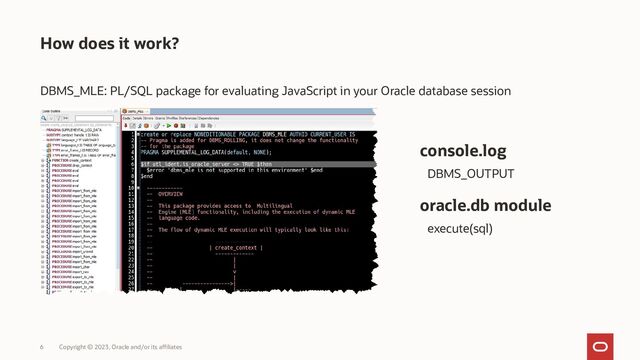 Copyright © 2023, Oracle and/or its affiliates
6
DBMS_MLE: PL/SQL package for evaluating JavaScript in your Oracle database session
How does it work?
console.log
DBMS_OUTPUT
oracle.db module
execute(sql)
