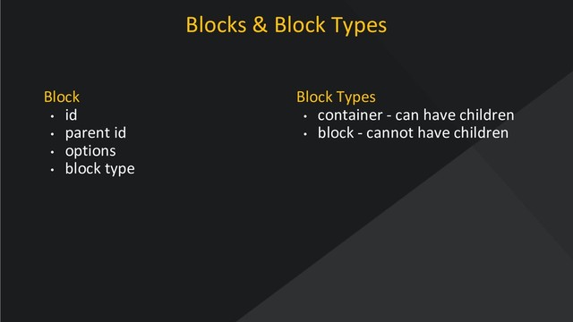 www.oroinc.com
Blocks & Block Types
Block
• id
• parent id
• options
• block type
Block Types
• container - can have children
• block - cannot have children
