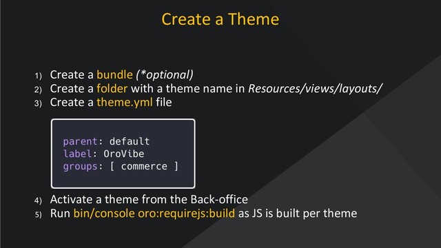www.oroinc.com
Create a Theme
1) Create a bundle (*optional)
2) Create a folder with a theme name in Resources/views/layouts/
3) Create a theme.yml file
4) Activate a theme from the Back-office
5) Run bin/console oro:requirejs:build as JS is built per theme
