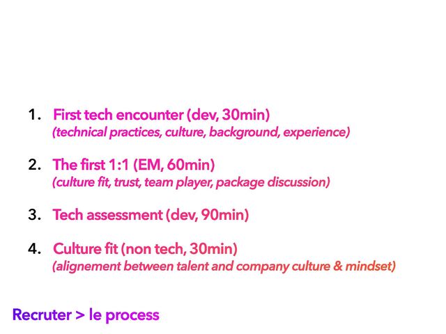 Recruter > le process
1. First tech encounter (dev, 30min)
 
(technical practices, culture, background, experience)


2. The first 1:1 (EM, 60min)
 
(culture fit, trust, team player, package discussion)


3. Tech assessment (dev, 90min)


4. Culture fit (non tech, 30min)
 
(alignement between talent and company culture & mindset)

