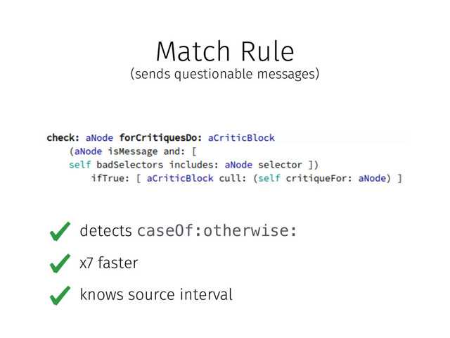 (sends questionable messages)
Match Rule
detects caseOf:otherwise:
x7 faster
knows source interval
