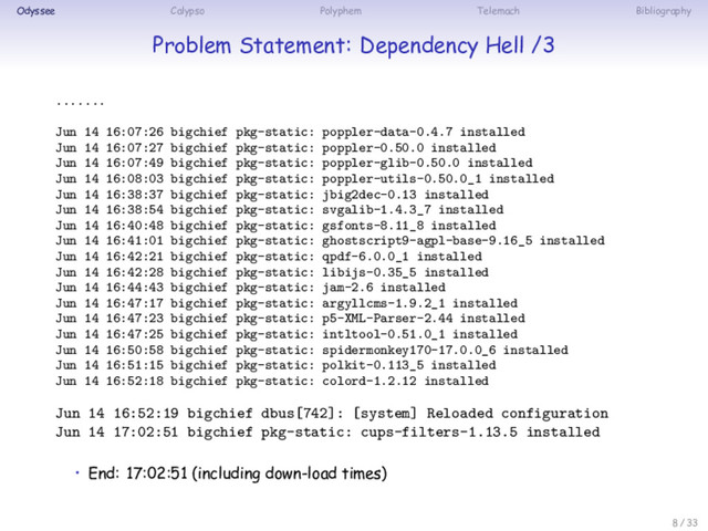 Odyssee Calypso Polyphem Telemach Bibliography
Problem Statement: Dependency Hell /3
.......
Jun 14 16:07:26 bigchief pkg-static: poppler-data-0.4.7 installed
Jun 14 16:07:27 bigchief pkg-static: poppler-0.50.0 installed
Jun 14 16:07:49 bigchief pkg-static: poppler-glib-0.50.0 installed
Jun 14 16:08:03 bigchief pkg-static: poppler-utils-0.50.0_1 installed
Jun 14 16:38:37 bigchief pkg-static: jbig2dec-0.13 installed
Jun 14 16:38:54 bigchief pkg-static: svgalib-1.4.3_7 installed
Jun 14 16:40:48 bigchief pkg-static: gsfonts-8.11_8 installed
Jun 14 16:41:01 bigchief pkg-static: ghostscript9-agpl-base-9.16_5 installed
Jun 14 16:42:21 bigchief pkg-static: qpdf-6.0.0_1 installed
Jun 14 16:42:28 bigchief pkg-static: libijs-0.35_5 installed
Jun 14 16:44:43 bigchief pkg-static: jam-2.6 installed
Jun 14 16:47:17 bigchief pkg-static: argyllcms-1.9.2_1 installed
Jun 14 16:47:23 bigchief pkg-static: p5-XML-Parser-2.44 installed
Jun 14 16:47:25 bigchief pkg-static: intltool-0.51.0_1 installed
Jun 14 16:50:58 bigchief pkg-static: spidermonkey170-17.0.0_6 installed
Jun 14 16:51:15 bigchief pkg-static: polkit-0.113_5 installed
Jun 14 16:52:18 bigchief pkg-static: colord-1.2.12 installed
Jun 14 16:52:19 bigchief dbus[742]: [system] Reloaded configuration
Jun 14 17:02:51 bigchief pkg-static: cups-filters-1.13.5 installed
• End: 17:02:51 (including down-load times)
8 / 33
