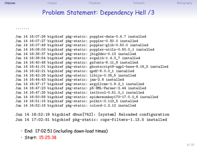 Odyssee Calypso Polyphem Telemach Bibliography
Problem Statement: Dependency Hell /3
.......
Jun 14 16:07:26 bigchief pkg-static: poppler-data-0.4.7 installed
Jun 14 16:07:27 bigchief pkg-static: poppler-0.50.0 installed
Jun 14 16:07:49 bigchief pkg-static: poppler-glib-0.50.0 installed
Jun 14 16:08:03 bigchief pkg-static: poppler-utils-0.50.0_1 installed
Jun 14 16:38:37 bigchief pkg-static: jbig2dec-0.13 installed
Jun 14 16:38:54 bigchief pkg-static: svgalib-1.4.3_7 installed
Jun 14 16:40:48 bigchief pkg-static: gsfonts-8.11_8 installed
Jun 14 16:41:01 bigchief pkg-static: ghostscript9-agpl-base-9.16_5 installed
Jun 14 16:42:21 bigchief pkg-static: qpdf-6.0.0_1 installed
Jun 14 16:42:28 bigchief pkg-static: libijs-0.35_5 installed
Jun 14 16:44:43 bigchief pkg-static: jam-2.6 installed
Jun 14 16:47:17 bigchief pkg-static: argyllcms-1.9.2_1 installed
Jun 14 16:47:23 bigchief pkg-static: p5-XML-Parser-2.44 installed
Jun 14 16:47:25 bigchief pkg-static: intltool-0.51.0_1 installed
Jun 14 16:50:58 bigchief pkg-static: spidermonkey170-17.0.0_6 installed
Jun 14 16:51:15 bigchief pkg-static: polkit-0.113_5 installed
Jun 14 16:52:18 bigchief pkg-static: colord-1.2.12 installed
Jun 14 16:52:19 bigchief dbus[742]: [system] Reloaded configuration
Jun 14 17:02:51 bigchief pkg-static: cups-filters-1.13.5 installed
• End: 17:02:51 (including down-load times)
• Start: 15:25:38
8 / 33
