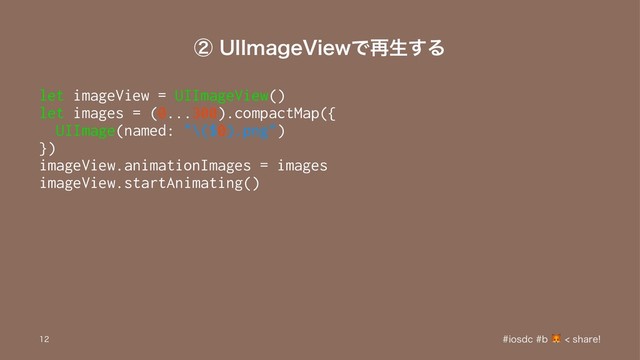 ᶄ6**NBHF7JFXͰ࠶ੜ͢Δ
let imageView = UIImageView()
let images = (0...300).compactMap({
UIImage(named: "\($0).png")
})
imageView.animationImages = images
imageView.startAnimating()
JPTEDC TIBSF

