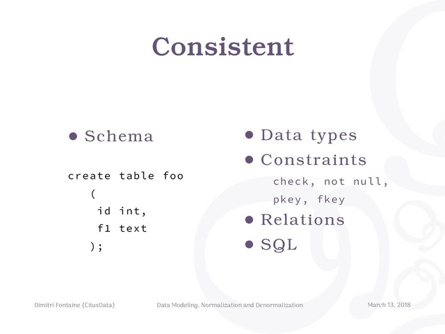 Consistent
Dimitri Fontaine (CitusData) Data Modeling, Normalization and Denormalization March 13, 2018
• Data types
• Constraints
check, not null,
pkey, fkey
• Relations
• SQL
• Schema
create table foo
(
id int,
f1 text
);
