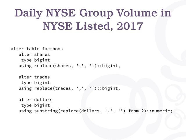 Daily NYSE Group Volume in
NYSE Listed, 2017
alter table factbook
alter shares
type bigint
using replace(shares, ',', '')::bigint,
alter trades
type bigint
using replace(trades, ',', '')::bigint,
alter dollars
type bigint
using substring(replace(dollars, ',', '') from 2)::numeric;
