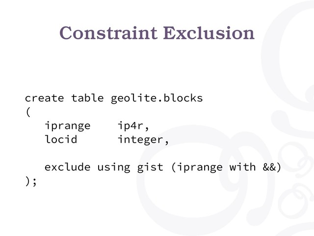 Constraint Exclusion
create table geolite.blocks
(
iprange ip4r,
locid integer,
exclude using gist (iprange with &&)
);
