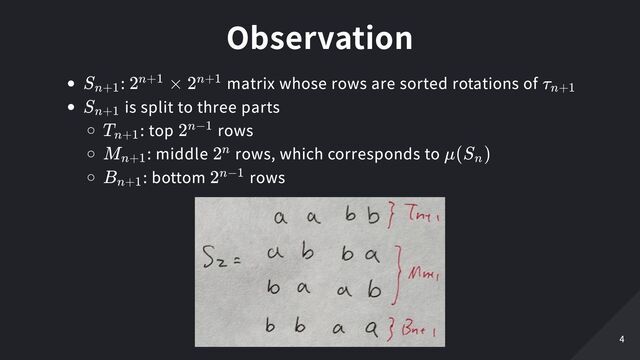 Observation
: matrix whose rows are sorted rotations of
is split to three parts
: top rows
: middle rows, which corresponds to
: bottom rows
S
​
n+1 2 ×
n+1 2n+1 τ
​
n+1
S
​
n+1
T
​
n+1 2n−1
M
​
n+1 2n μ(S
​
)
n
B
​
n+1 2n−1
4
4
