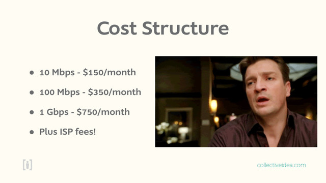 collectiveidea.com
Cost Structure
• 10 Mbps - $150/month
• 100 Mbps - $350/month
• 1 Gbps - $750/month
• Plus ISP fees!
