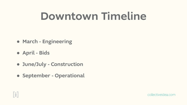 collectiveidea.com
Downtown Timeline
• March - Engineering
• April - Bids
• June/July - Construction
• September - Operational

