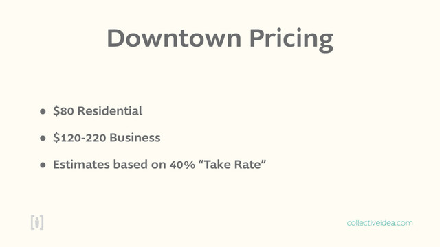 collectiveidea.com
Downtown Pricing
• $80 Residential
• $120-220 Business
• Estimates based on 40% “Take Rate”
