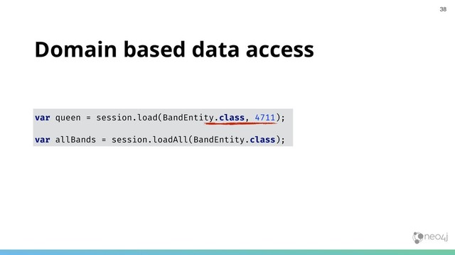 Domain based data access
var queen = session.load(BandEntity.class, 4711);
var allBands = session.loadAll(BandEntity.class);
38
