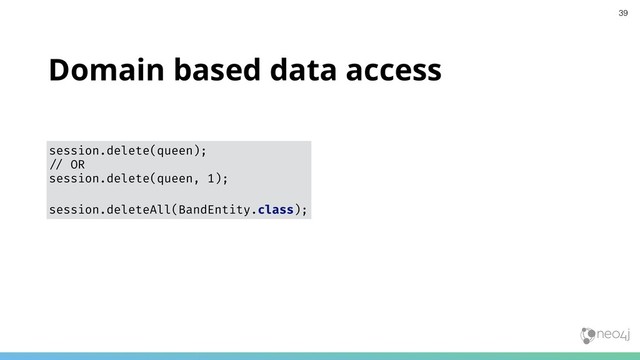 Domain based data access
session.delete(queen);
"' OR
session.delete(queen, 1);
session.deleteAll(BandEntity.class);
39
