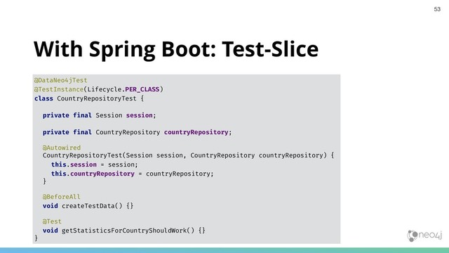 With Spring Boot: Test-Slice
@DataNeo4jTest
@TestInstance(Lifecycle.PER_CLASS)
class CountryRepositoryTest {
private final Session session;
private final CountryRepository countryRepository;
@Autowired
CountryRepositoryTest(Session session, CountryRepository countryRepository) {
this.session = session;
this.countryRepository = countryRepository;
}
@BeforeAll
void createTestData() {}
@Test
void getStatisticsForCountryShouldWork() {}
}
53
