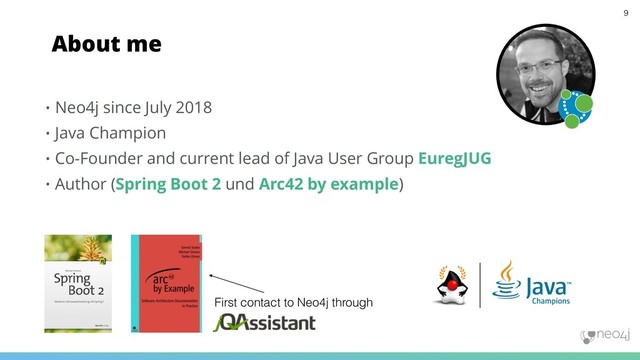 About me
• Neo4j since July 2018
• Java Champion
• Co-Founder and current lead of Java User Group EuregJUG
• Author (Spring Boot 2 und Arc42 by example)
9
First contact to Neo4j through
