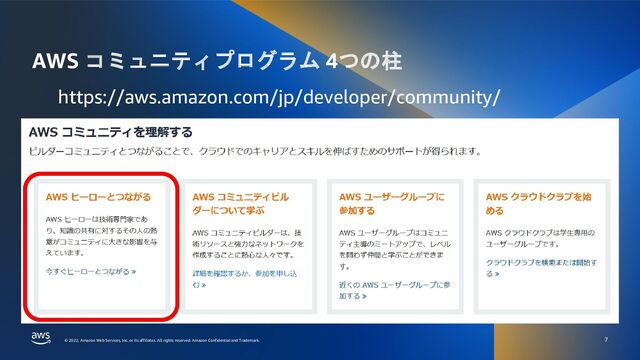 © 2022, Amazon Web Services, Inc. or its affiliates. All rights reserved. Amazon Confidential and Trademark.
© 2022, Amazon Web Services, Inc. or its affiliates. All rights reserved. Amazon Confidential and Trademark.
AWS コミュニティプログラム 4つの柱
7
https://aws.amazon.com/jp/developer/community/
