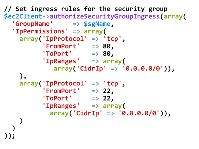 //	  Set	  ingress	  rules	  for	  the	  security	  group	  
$ec2Client-­‐>authorizeSecurityGroupIngress(array(	  
	  	  'GroupName'	  	  	  	  	  =>	  $sgName,	  
	  	  'IpPermissions'	  =>	  array(	  
	  	  	  	  array('IpProtocol'	  =>	  'tcp',	  
	  	  	  	  	  	  	  	  	  	  'FromPort'	  	  	  =>	  80,	  
	  	  	  	  	  	  	  	  	  	  'ToPort'	  	  	  	  	  =>	  80,	  
	  	  	  	  	  	  	  	  	  	  'IpRanges'	  	  	  =>	  array(	  
	  	  	  	  	  	  	  	  	  	  	  	  	  array('CidrIp'	  =>	  '0.0.0.0/0')),	  
	  	  	  	  ),	  
	  	  	  	  array('IpProtocol'	  =>	  'tcp',	  
	  	  	  	  	  	  	  	  	  	  'FromPort'	  	  	  =>	  22,	  
	  	  	  	  	  	  	  	  	  	  'ToPort'	  	  	  	  	  =>	  22,	  
	  	  	  	  	  	  	  	  	  	  'IpRanges'	  	  	  =>	  array(	  
	  	  	  	  	  	  	  	  	  	  	  	  array('CidrIp'	  =>	  '0.0.0.0/0')),	  
	  	  	  	  )	  
	  	  )	  
));	  
