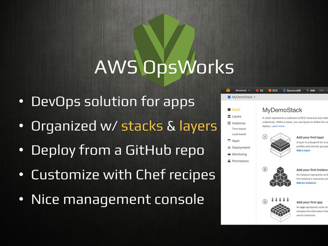•  DevOps solution for apps!
•  Organized w/ stacks & layers!
•  Deploy from a GitHub repo!
•  Customize with Chef recipes!
•  Nice management console!
AWS OpsWorks!
